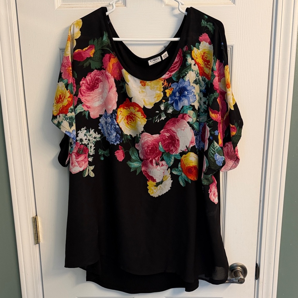 Cato Black Floral Scoop-Neck Blouse with Multicolor Roses